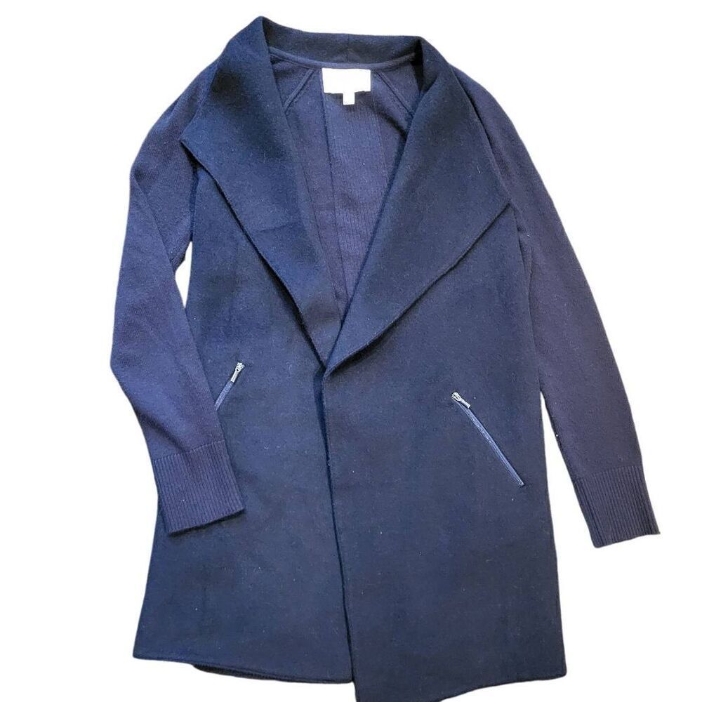 EtCetera Wool Jacket Women's XS Navy Blue Open Double Faced Zippered Pockets